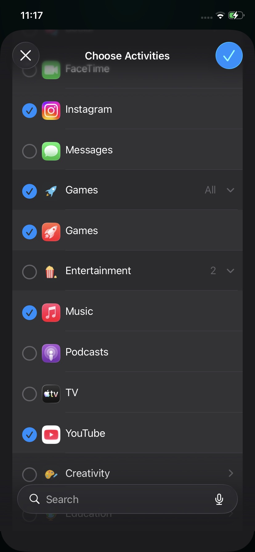 Choose activities like YouTube and Instagram